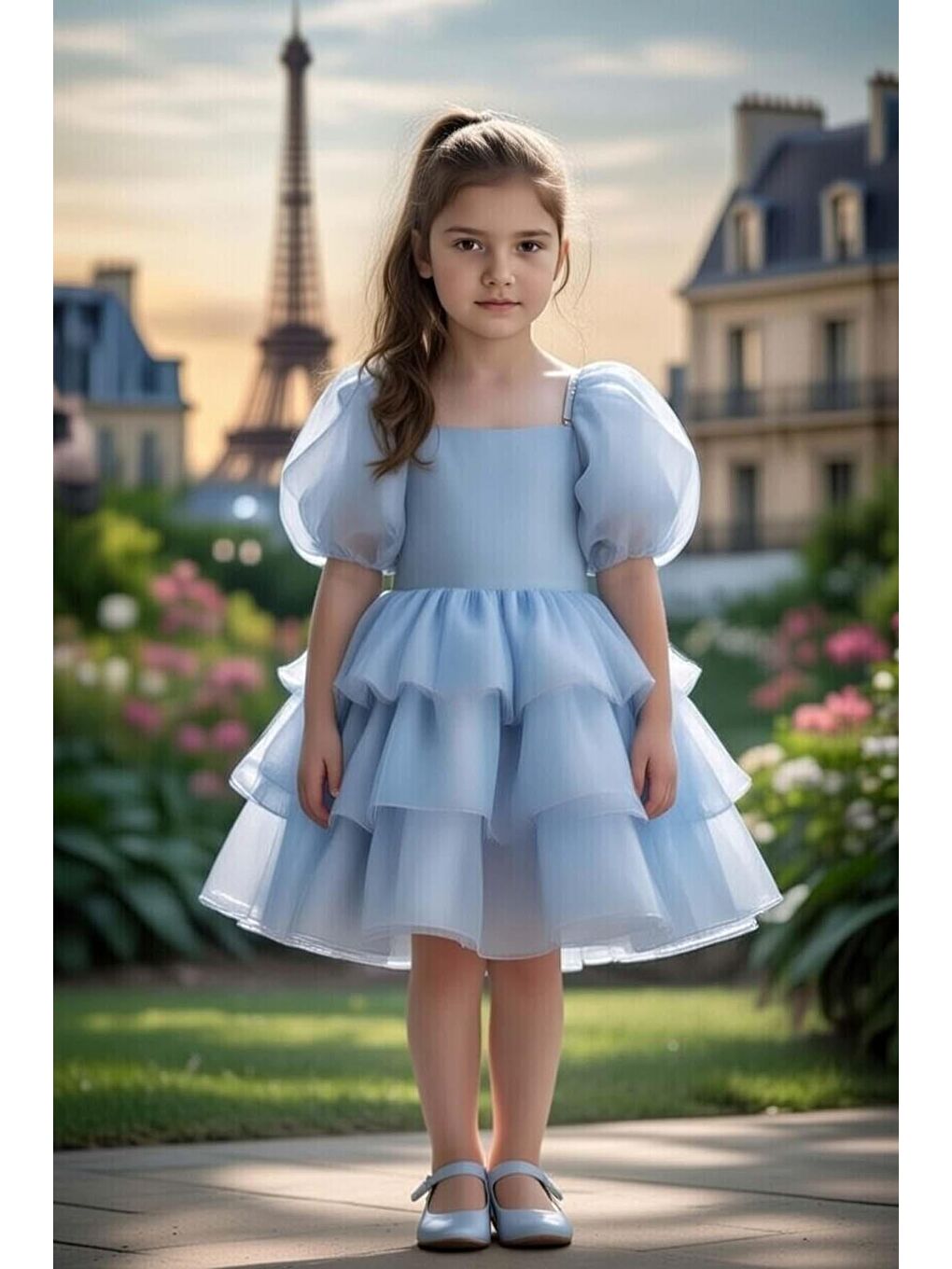 Kız Çocuk Kare Yaka Üzeri Kat Kat Pliseli Balon Kollu Kabarık Mavi Abiye-2