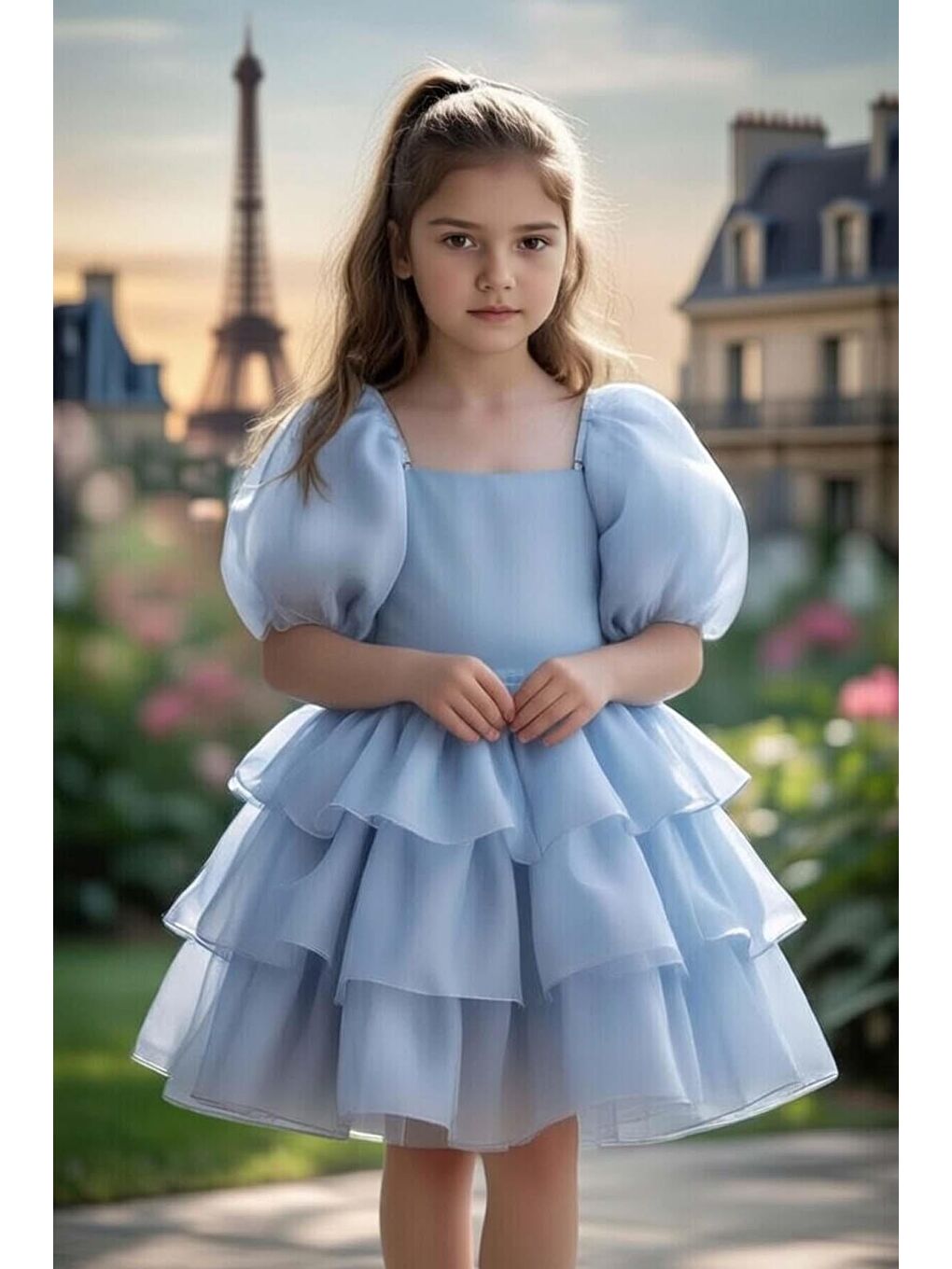Kız Çocuk Kare Yaka Üzeri Kat Kat Pliseli Balon Kollu Kabarık Mavi Abiye-3
