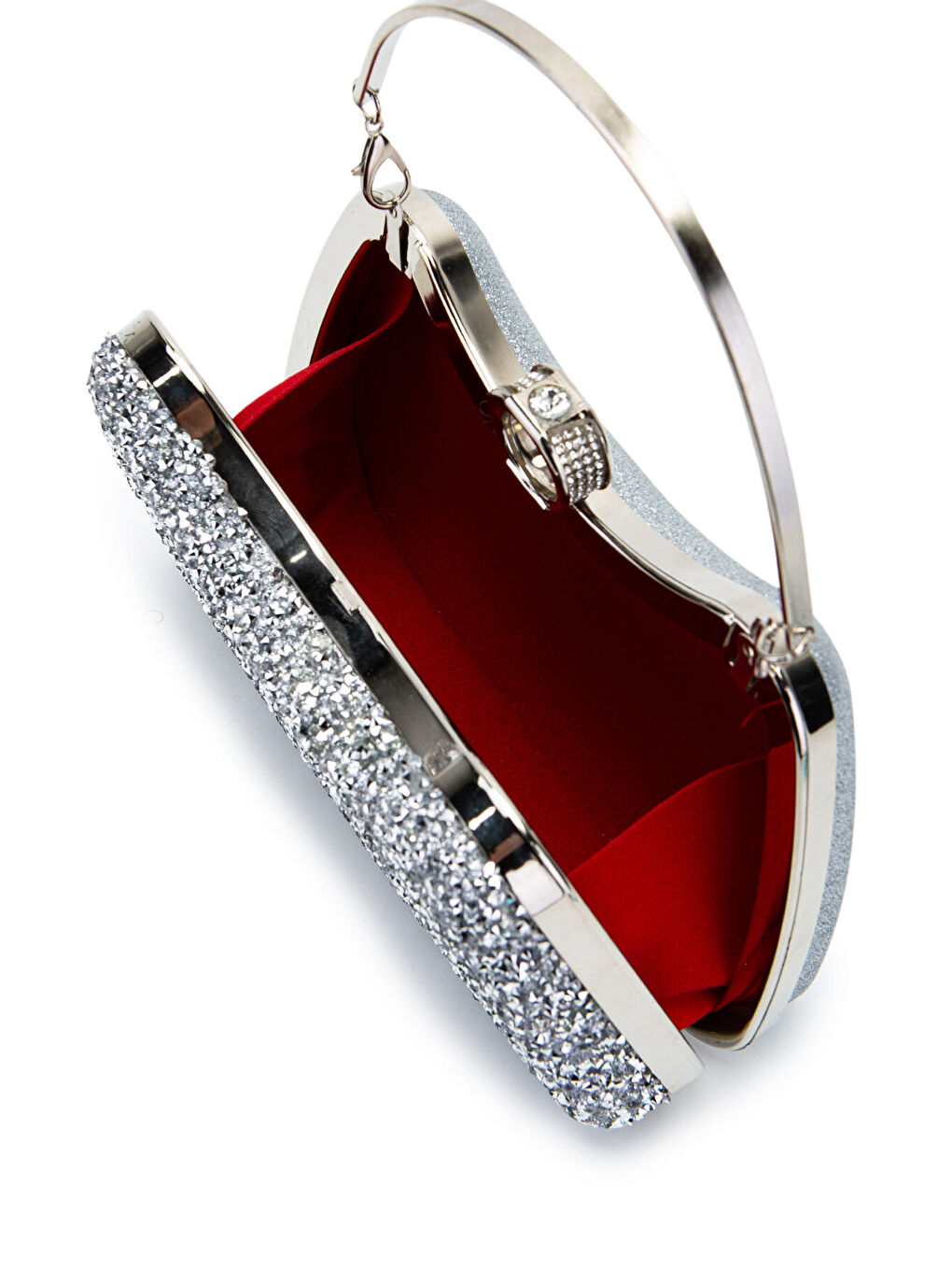 Gri Yüzük Detaylı Taşlı Amanda Abiye El Çantası Gümüş-5