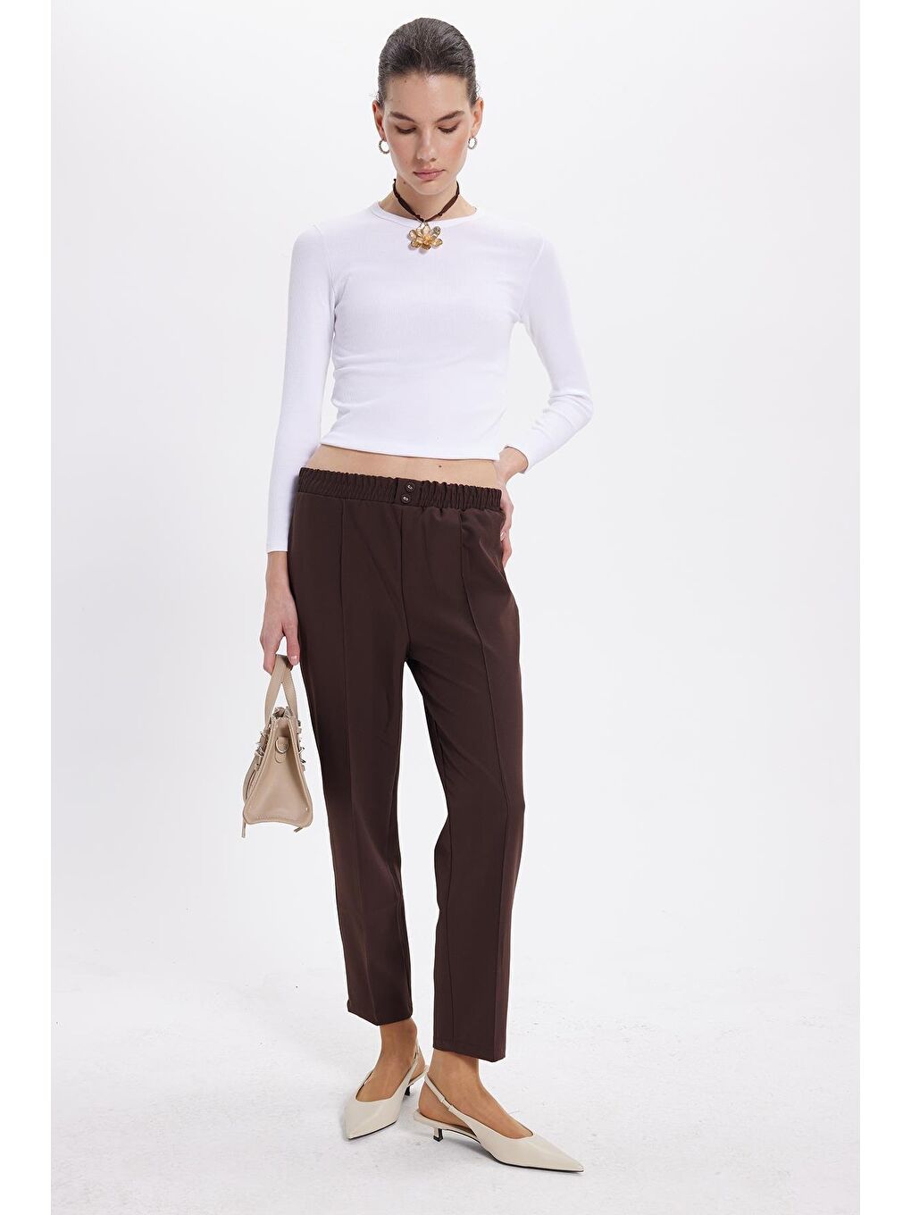Kahverengi Kadın Relax Fit Rahat Kesim Yüksel Bel Düz Paça Beli Lastikli Koyu Kahve Pantolon-4