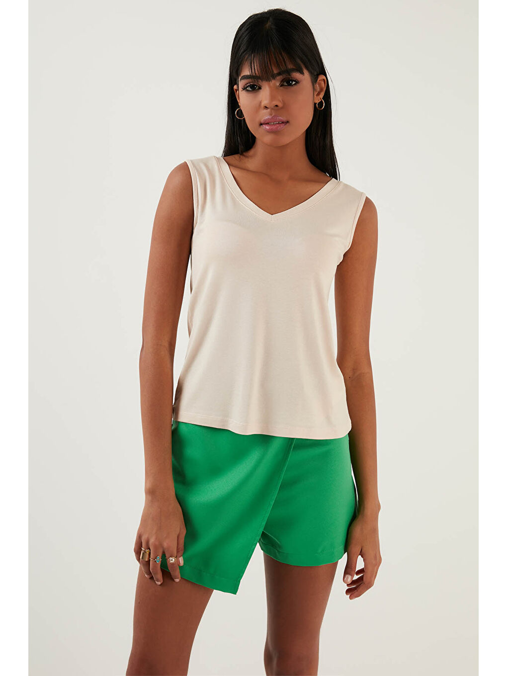 Pembe Slim Fit V Yaka Kalın Askılı 2' li Paket Kadın Bluz 5864384S2-1