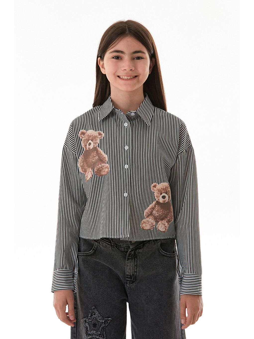 Siyah Ayıcık Baskılı Çizgili Kız Çocuk Gömlek