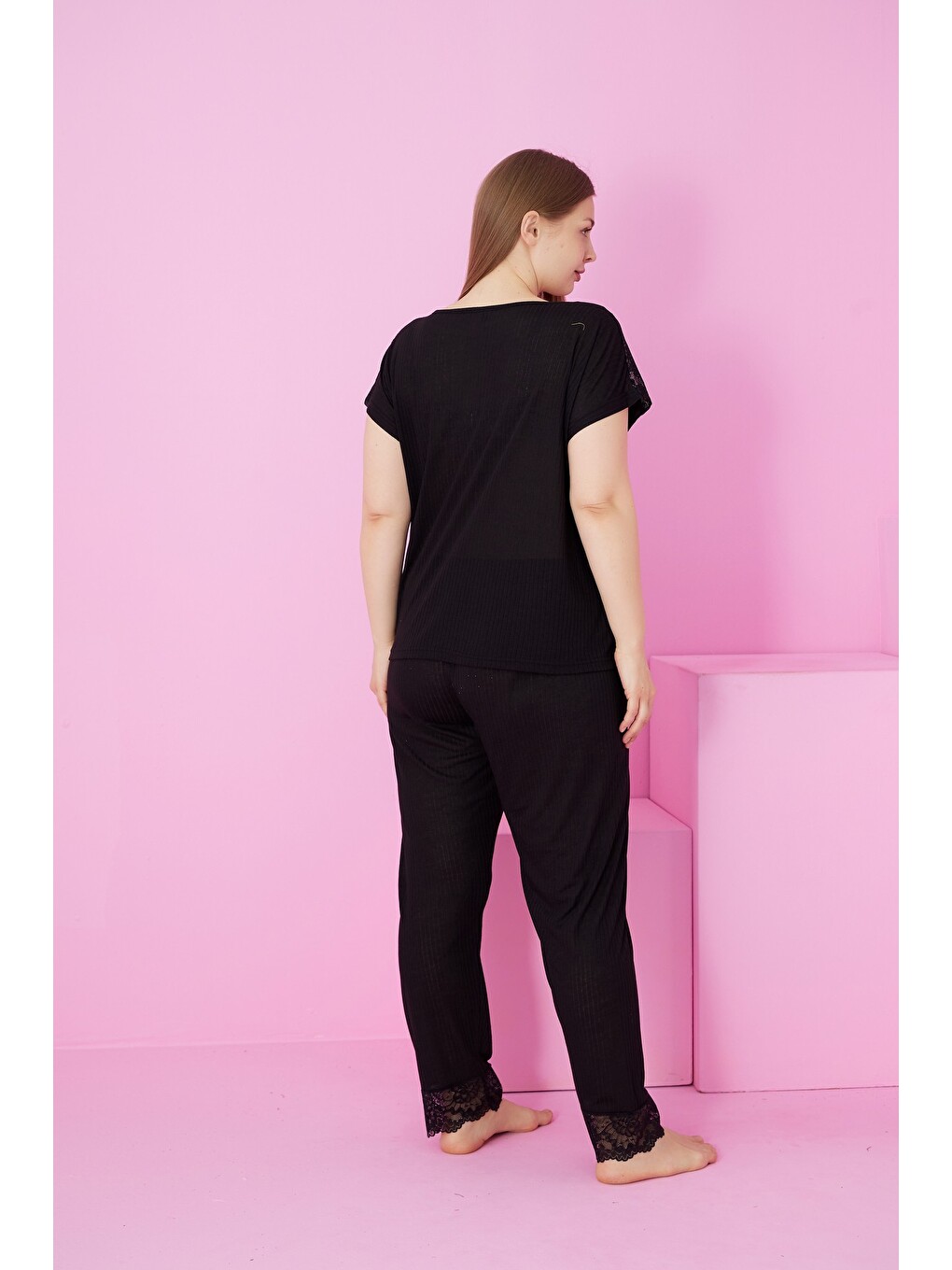 Siyah Soft Touch İnce Mevsimlik Battal Büyük Beden Dantel Detaylı Örme Pijama Takım7867-2