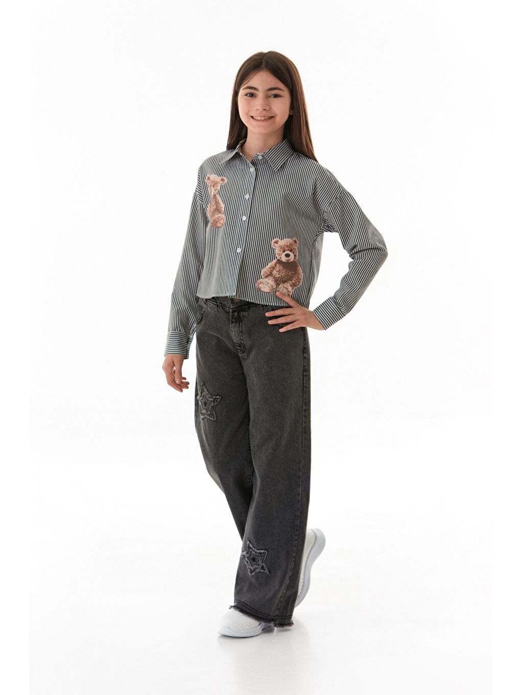 Siyah Ayıcık Baskılı Çizgili Kız Çocuk Gömlek-1