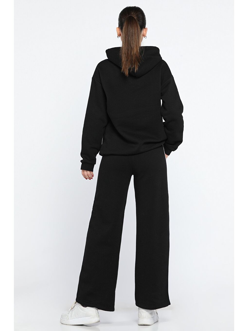 Siyah Kadın Kapüşonlu Nakışlı Şardonlu Şerit Detaylı Eşofman Takımı-2