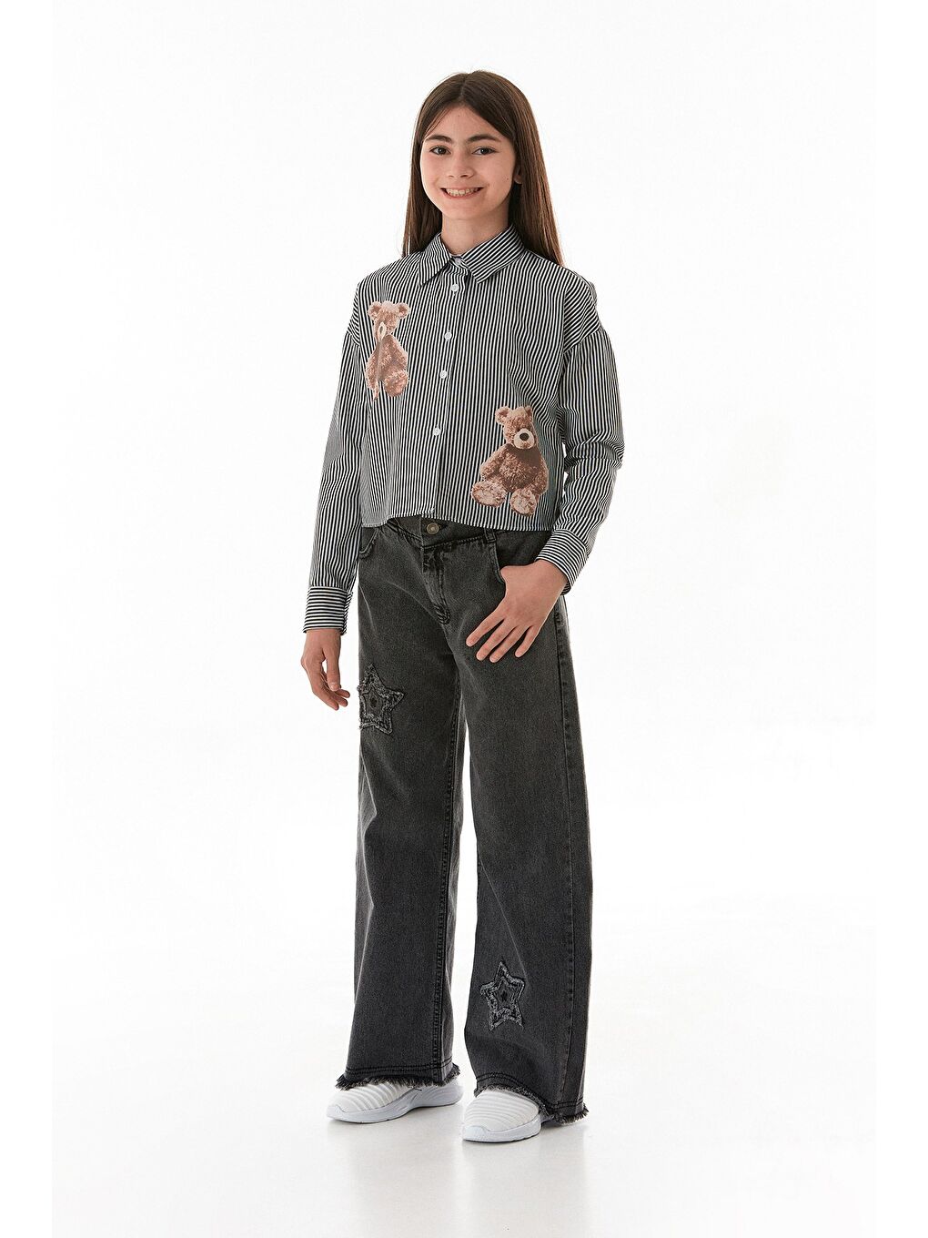 Siyah Ayıcık Baskılı Çizgili Kız Çocuk Gömlek-3