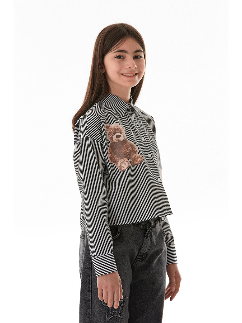 Siyah Ayıcık Baskılı Çizgili Kız Çocuk Gömlek-4