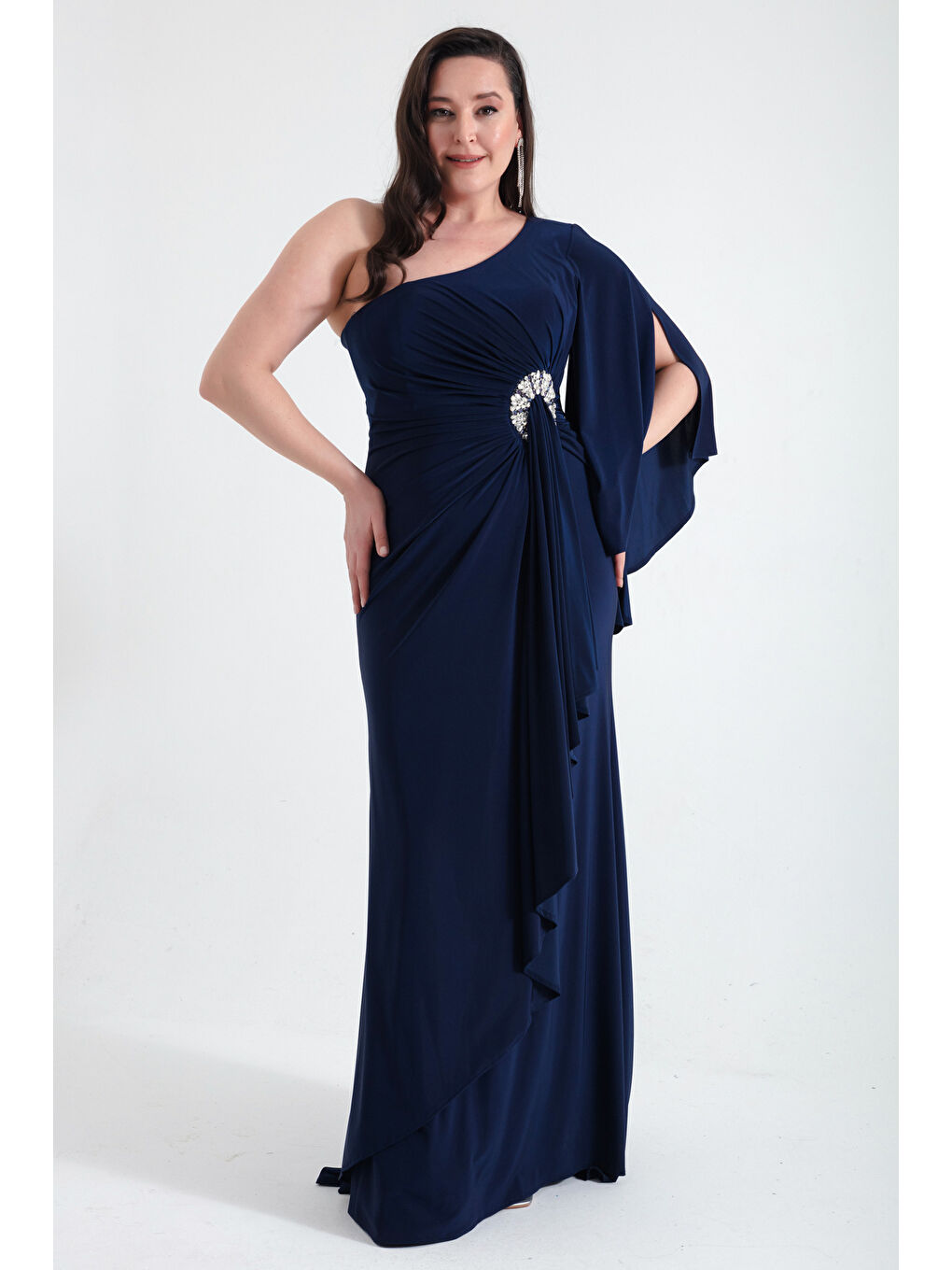Kadın Lacivert Tek Omuzlu Taş Detaylı Uzun Abiye Elbise-1