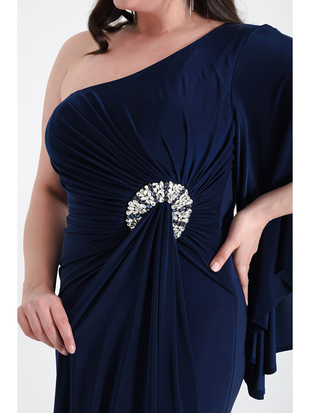 Kadın Lacivert Tek Omuzlu Taş Detaylı Uzun Abiye Elbise-3