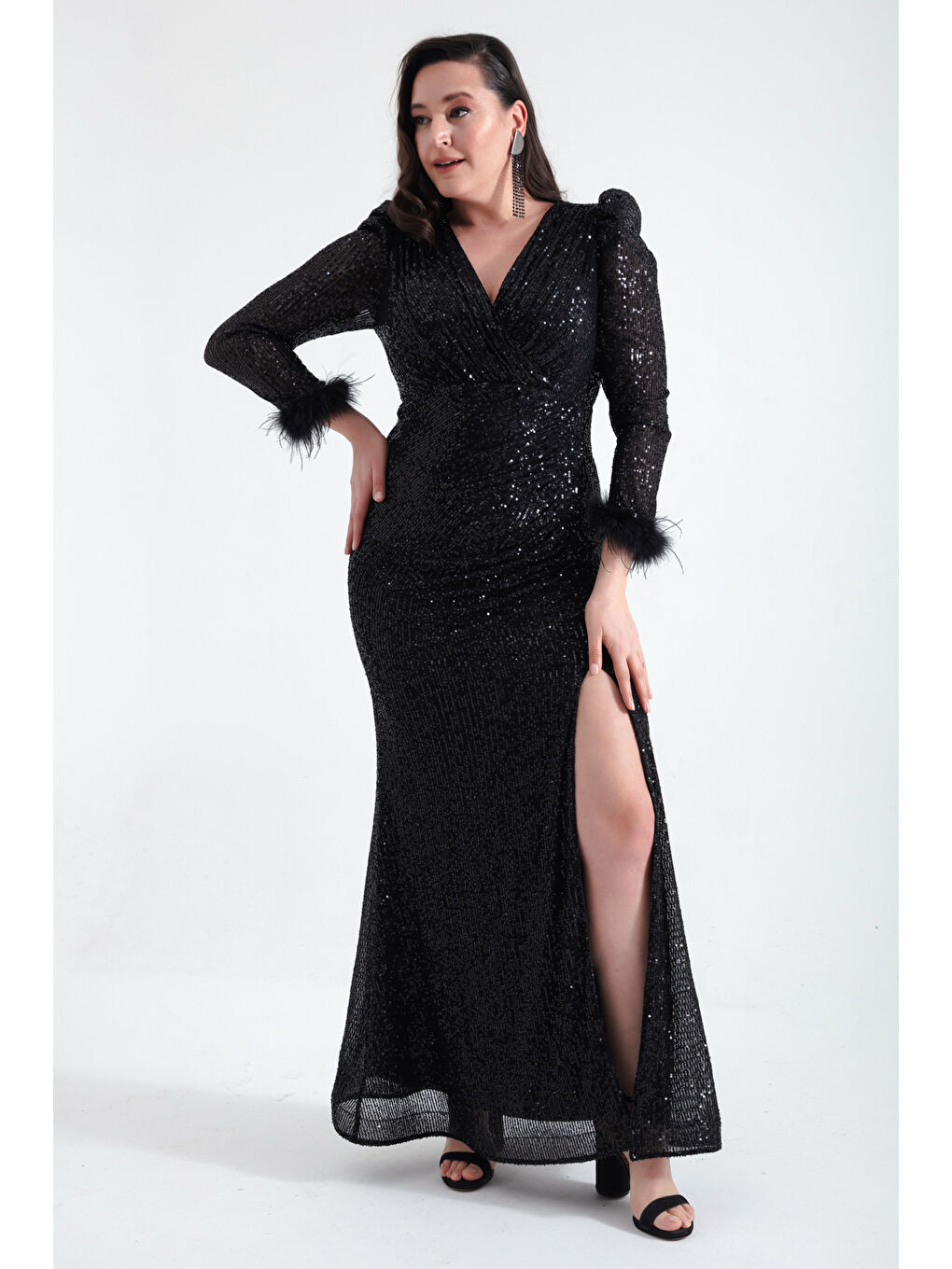 Kadın Siyah Kruvaze Yaka Payetli Büyük Beden Uzun Abiye Elbise