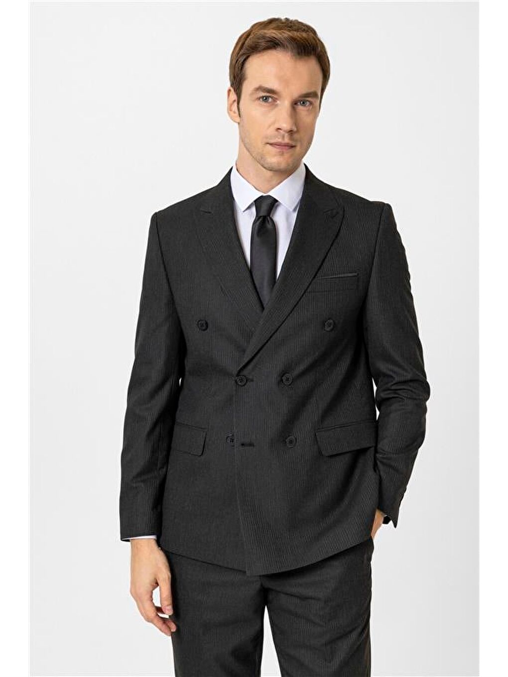 Siyah Slim Düz Kruvaze Yaka 6 Drop Takım Elbise-1