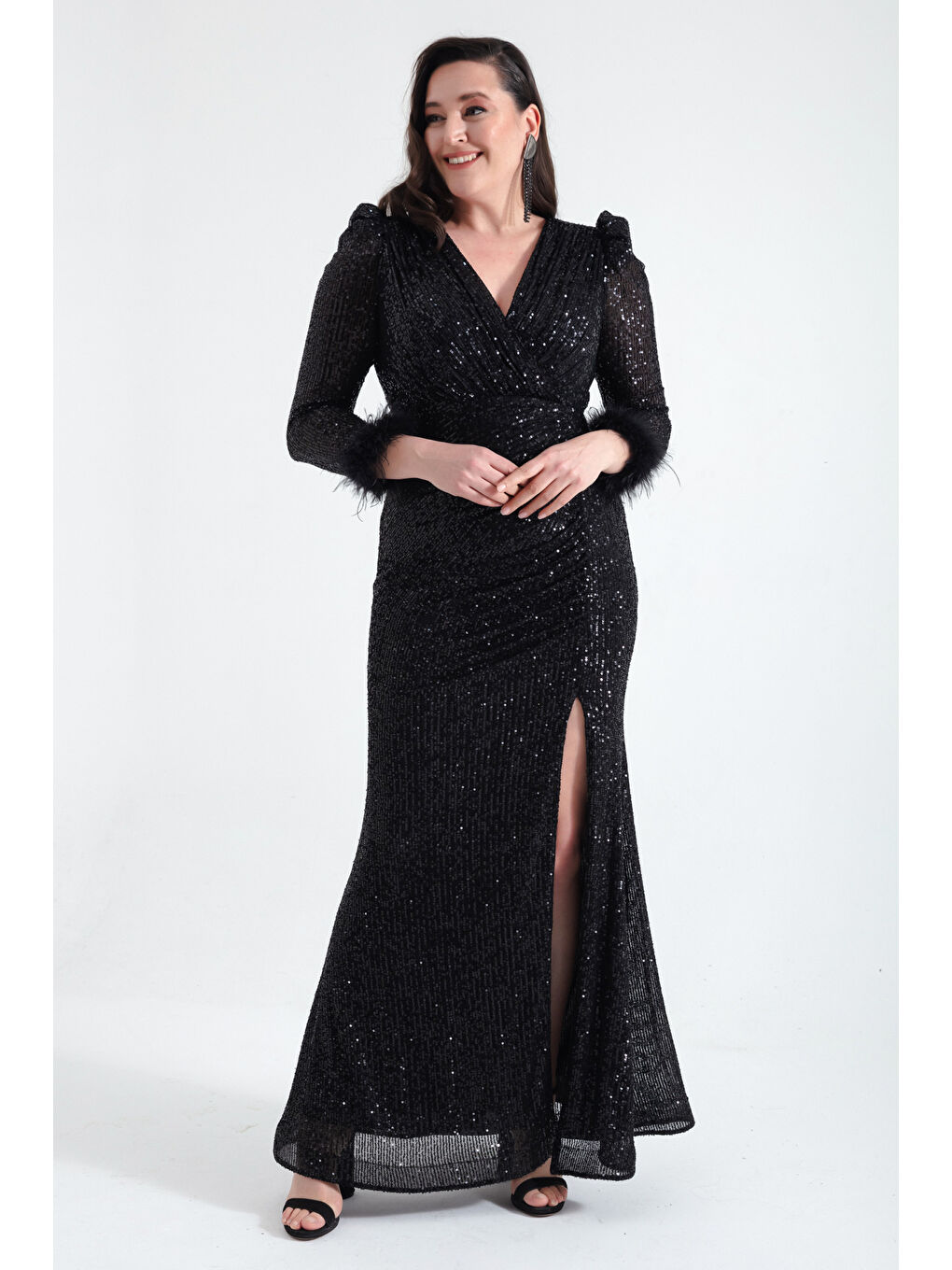 Kadın Siyah Kruvaze Yaka Payetli Büyük Beden Uzun Abiye Elbise-1