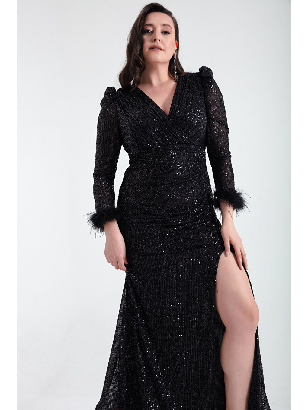 Kadın Siyah Kruvaze Yaka Payetli Büyük Beden Uzun Abiye Elbise-2