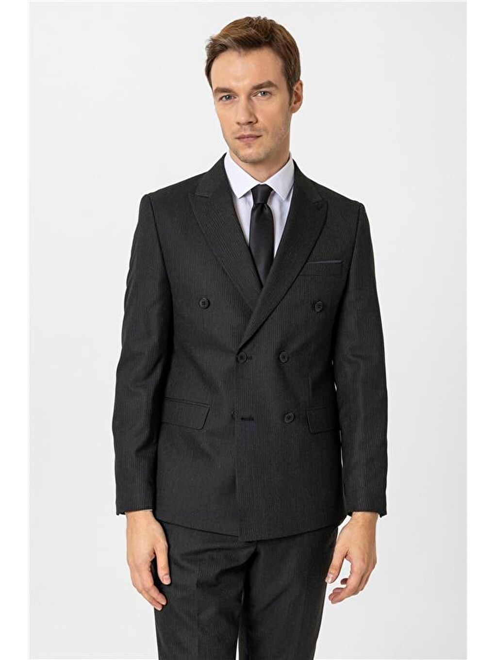 Siyah Slim Düz Kruvaze Yaka 6 Drop Takım Elbise-2