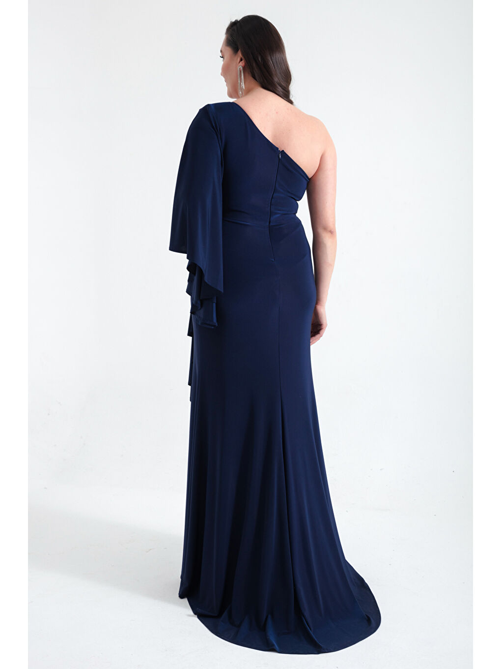 Kadın Lacivert Tek Omuzlu Taş Detaylı Uzun Abiye Elbise-4