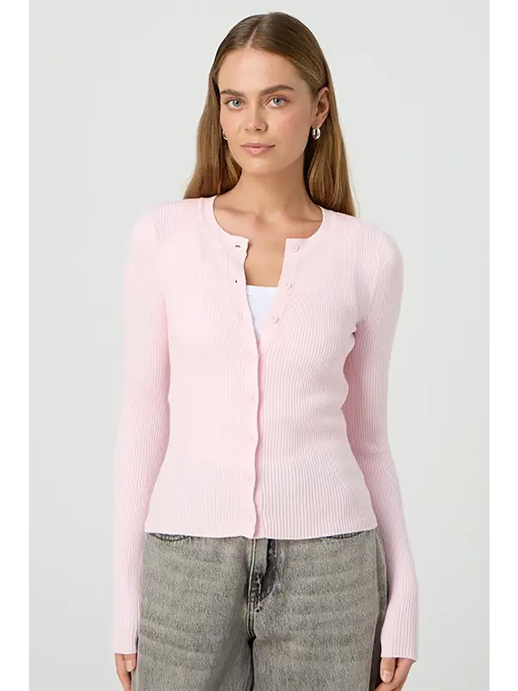 Pembe Pudra Düğmeli Uzun Kollu Kaşkorse Hırka Mg2177-1