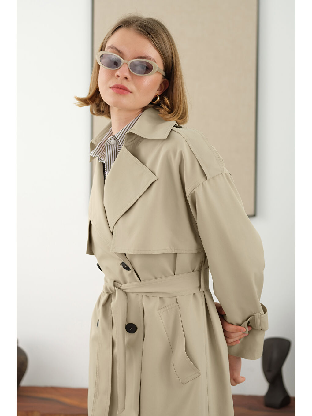 Yeşil Uzun Klasik Trençkot Adaçayı-1