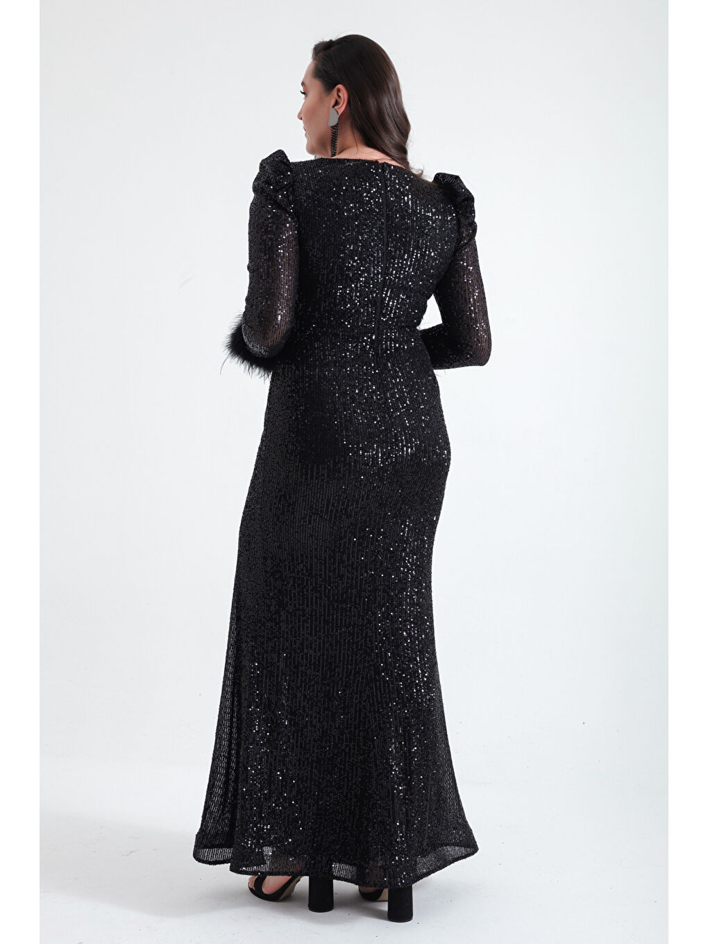 Kadın Siyah Kruvaze Yaka Payetli Büyük Beden Uzun Abiye Elbise-4