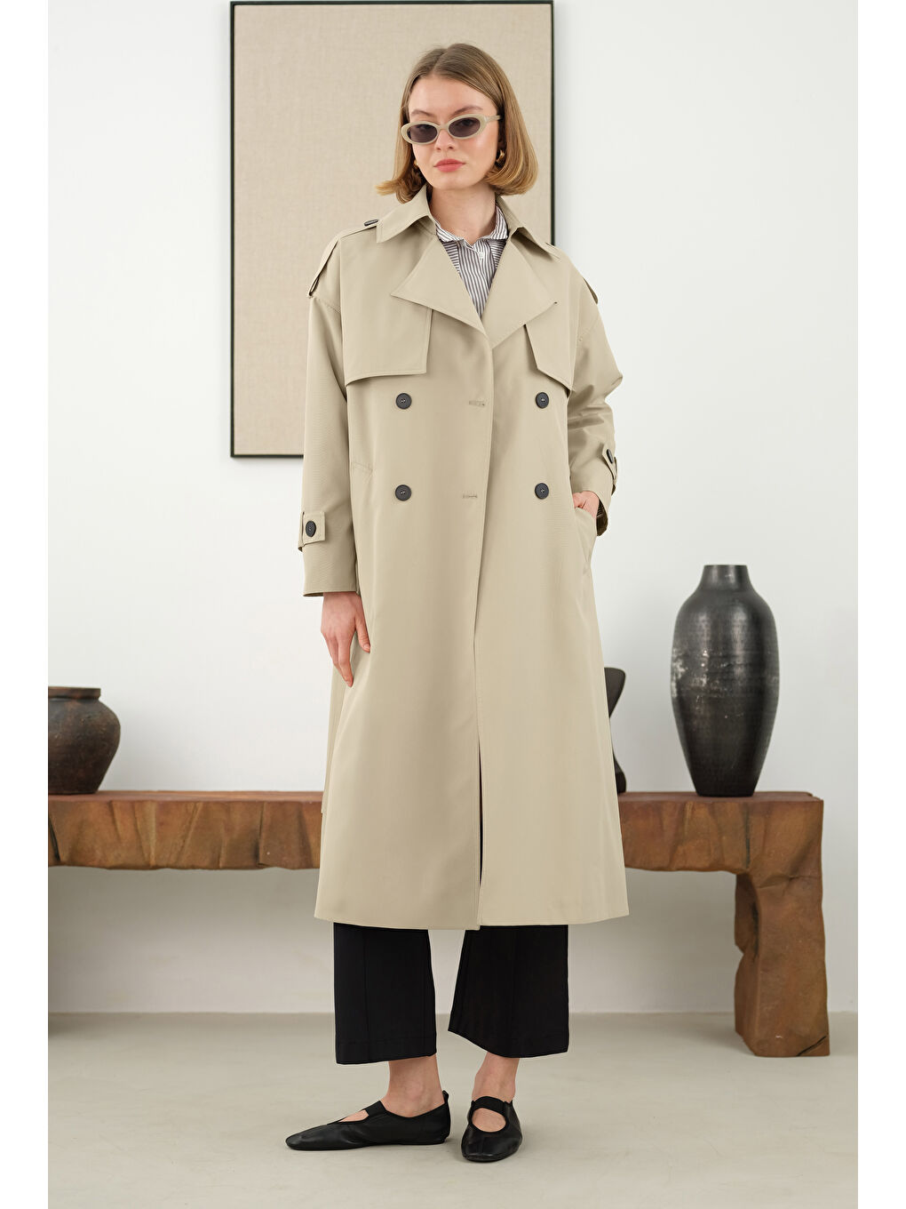 Yeşil Uzun Klasik Trençkot Adaçayı-2