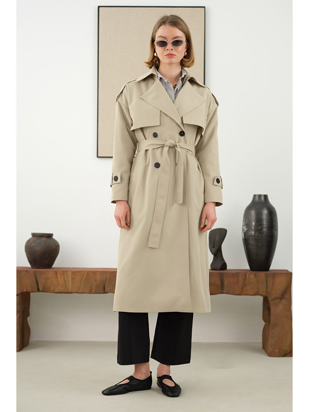 Yeşil Uzun Klasik Trençkot Adaçayı-3