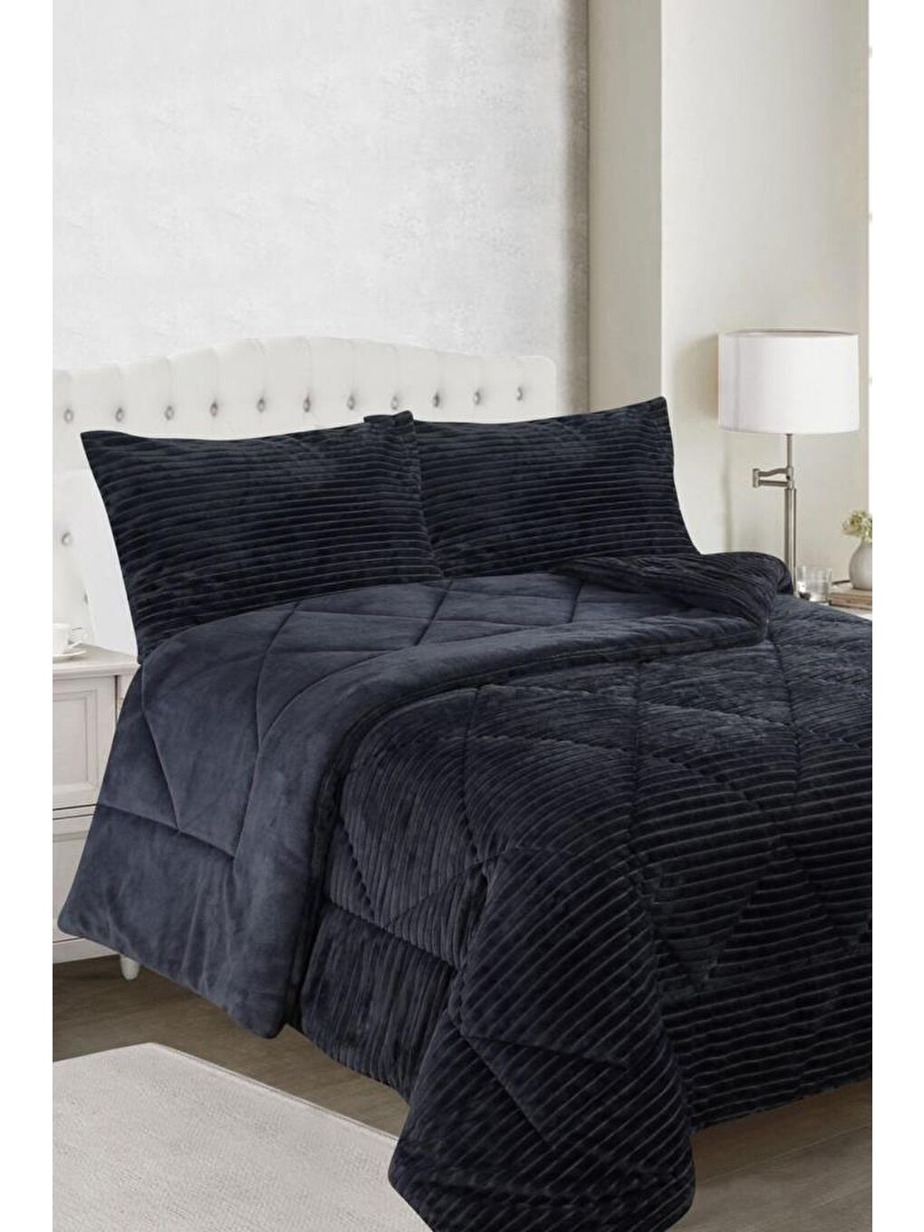 Ece Stripe Çift Kişilik Pelüş Yatak Örtüsü Antrasit