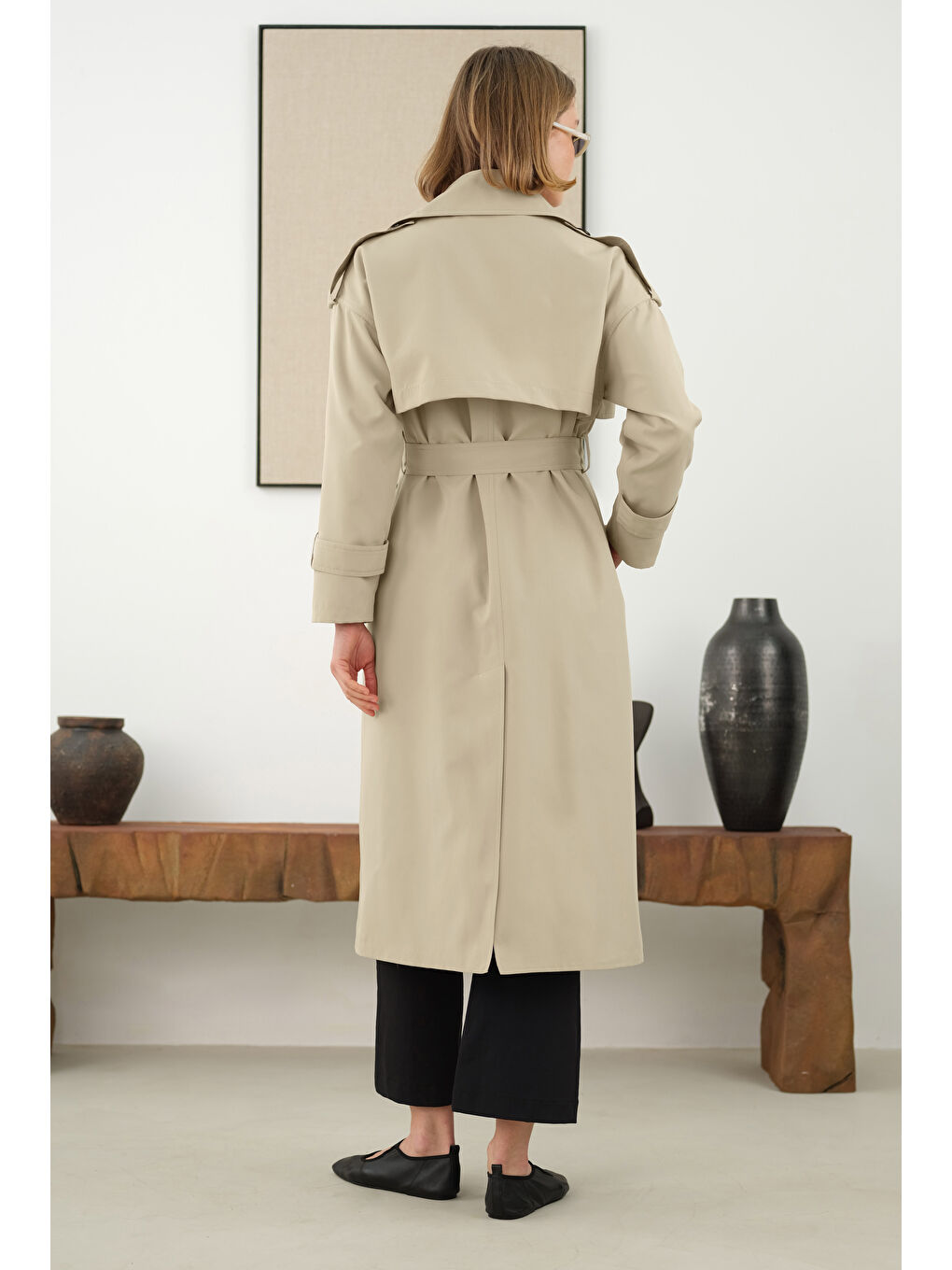 Yeşil Uzun Klasik Trençkot Adaçayı-4