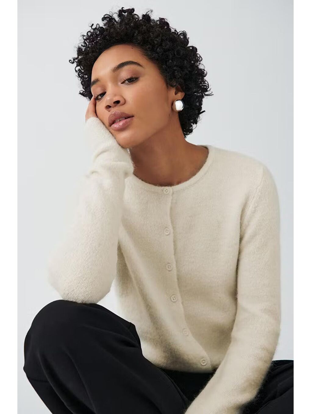 Ekru Düğmeli Triko Hırka Mg2151-1