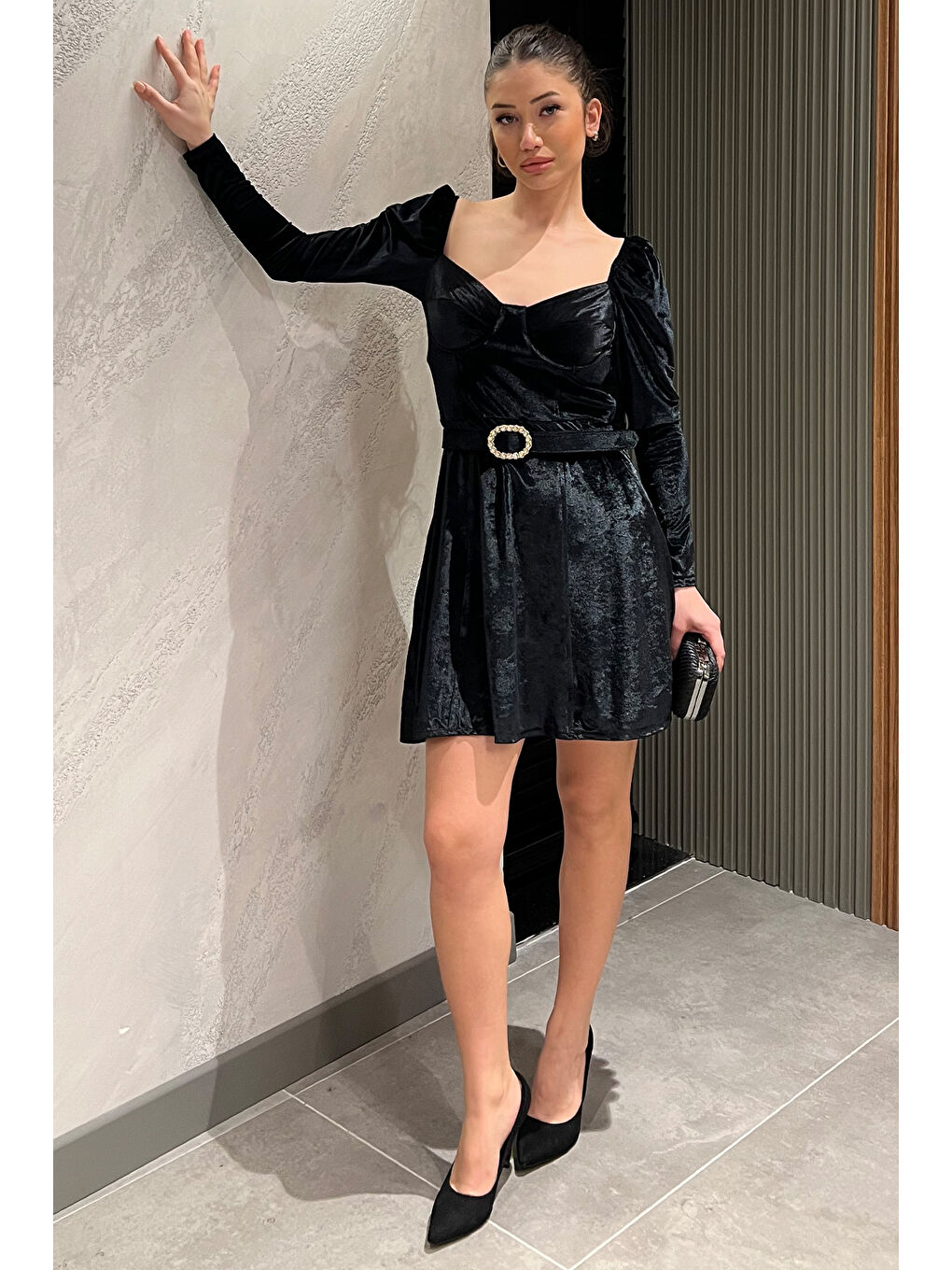Siyah Kadın Kadife Mini Elbise