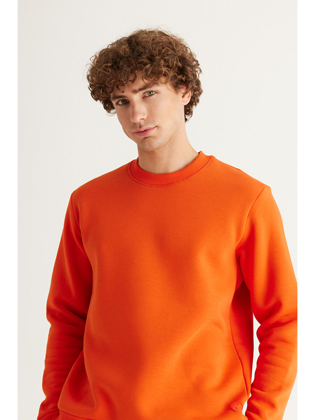 Erkek Turuncu Standart Fit Normal Kesim İçi Polarlı Bisiklet Yaka Sweatshirt-1
