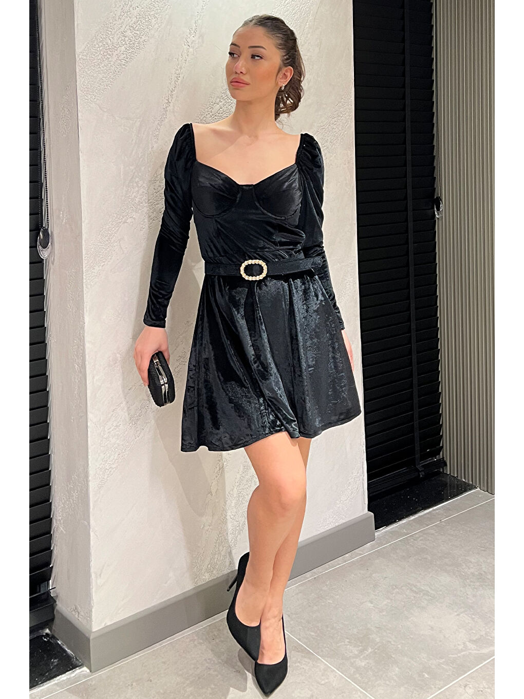 Siyah Kadın Kadife Mini Elbise-1
