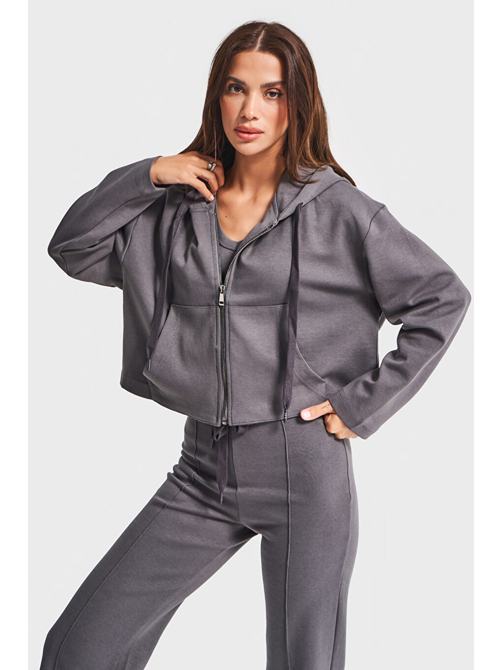 Kadın Antrasit Renk w5-45 Örme Kumaş Flare Eşofman Büstiyer ve Fermuarlı Sweatshirt 3'lü Kombin Takı-2