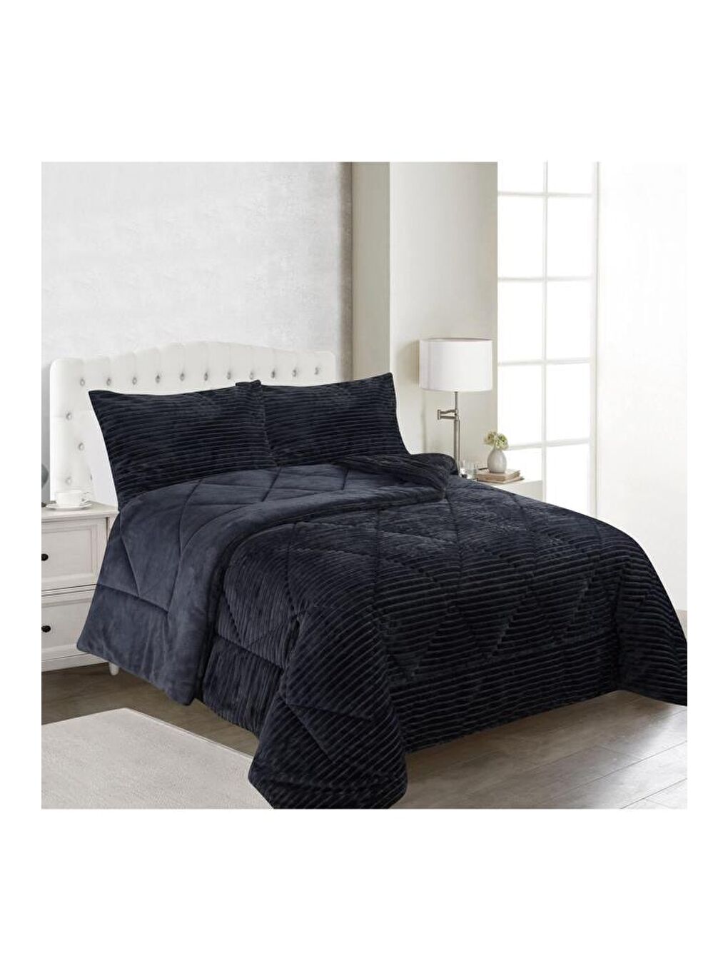 Ece Stripe Çift Kişilik Pelüş Yatak Örtüsü Antrasit-1