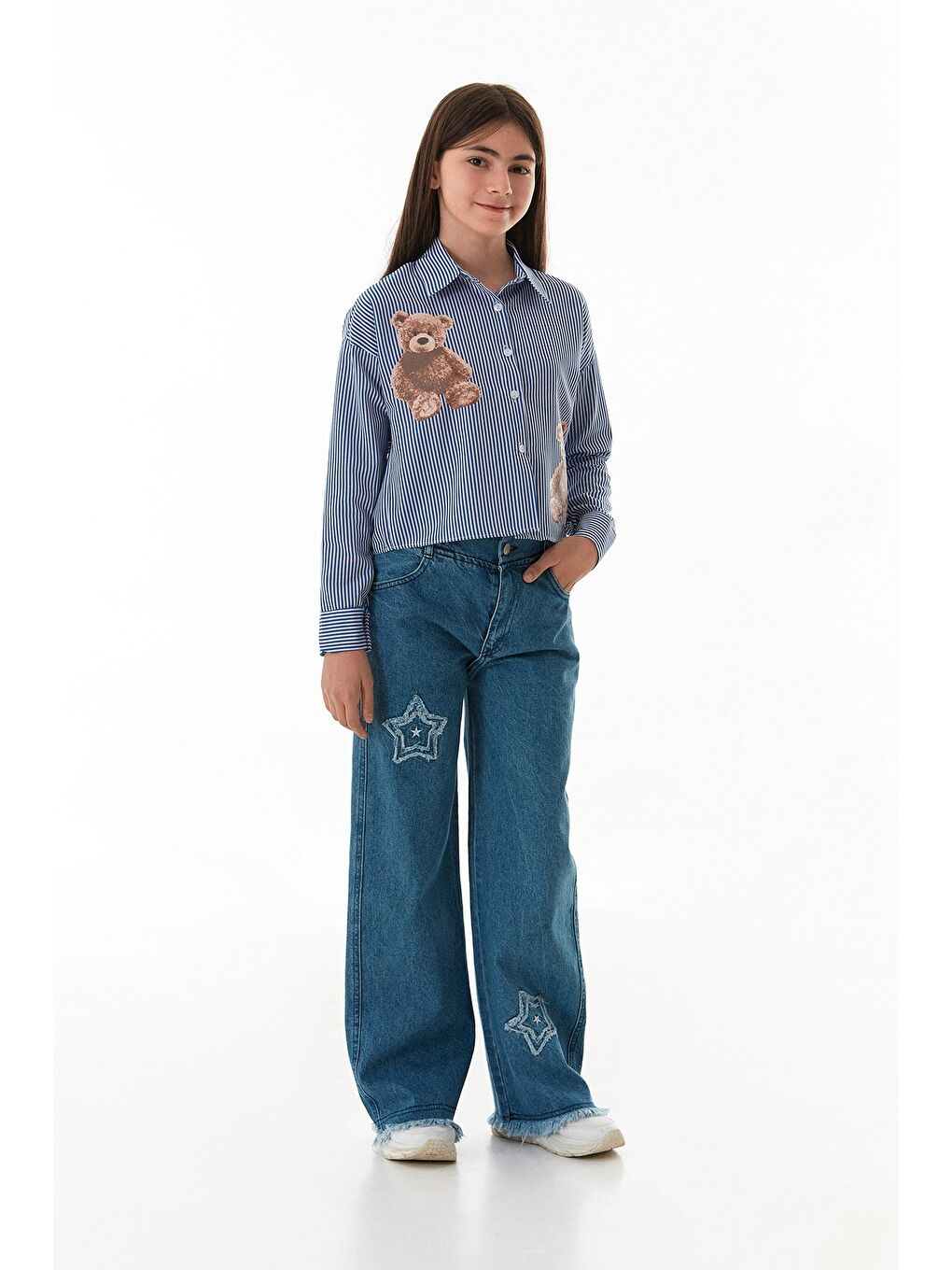 Mavi Ayıcık Baskılı Çizgili Kız Çocuk Gömlek-1