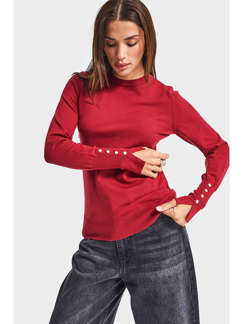 Kadın Bordo Renk w5-35 Örme Triko Kumaş Bisiklet Yaka Kol Aksesuarlı Triko-1