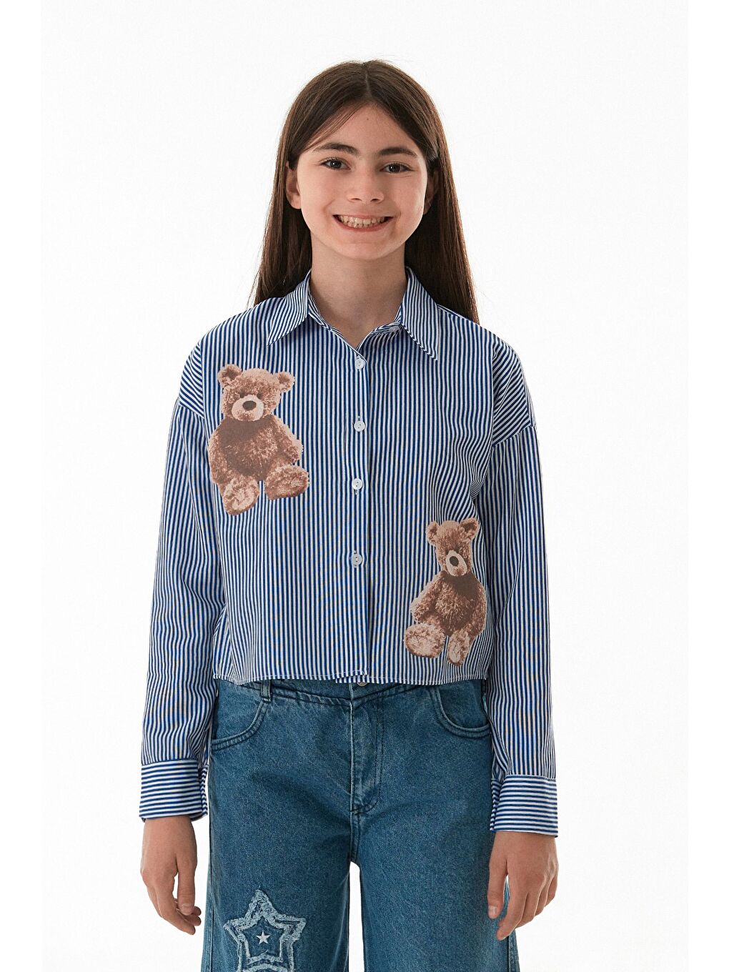 Mavi Ayıcık Baskılı Çizgili Kız Çocuk Gömlek-2