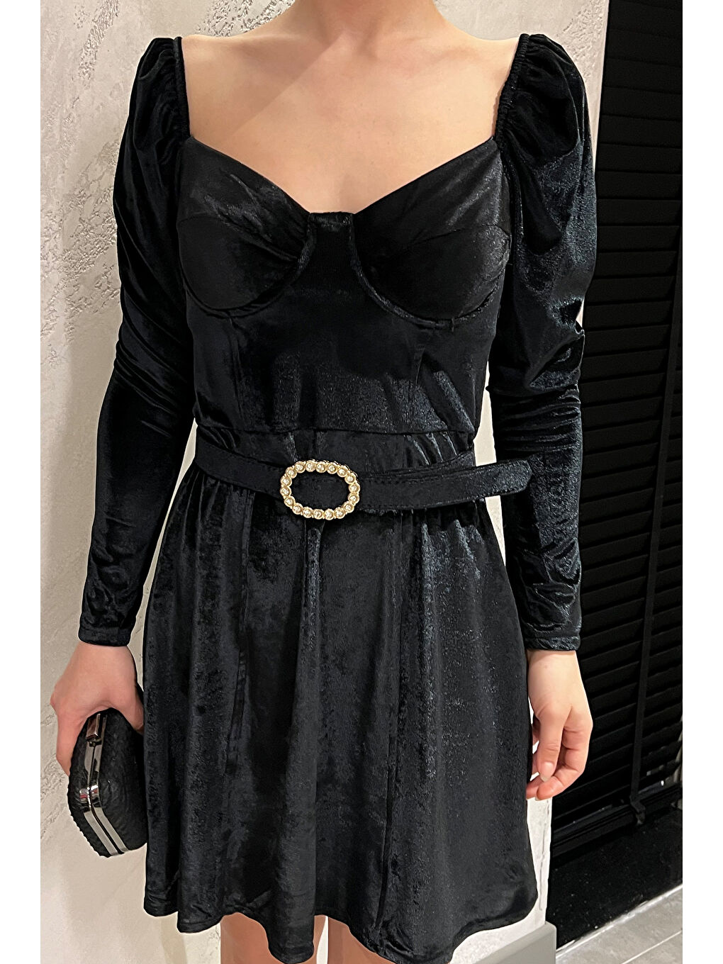 Siyah Kadın Kadife Mini Elbise-3