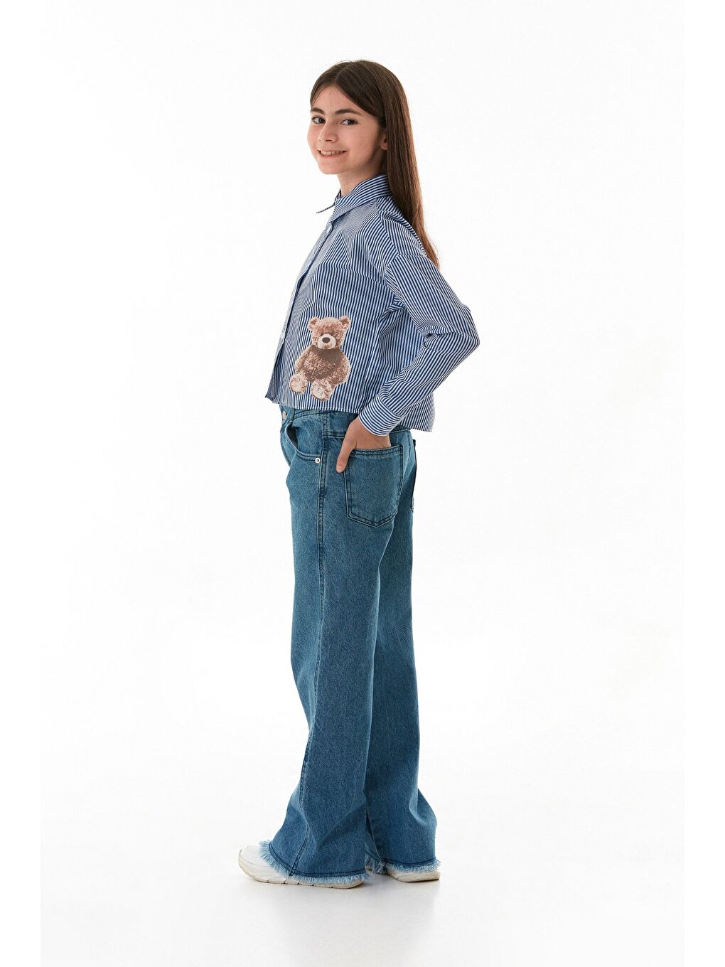 Mavi Ayıcık Baskılı Çizgili Kız Çocuk Gömlek-4