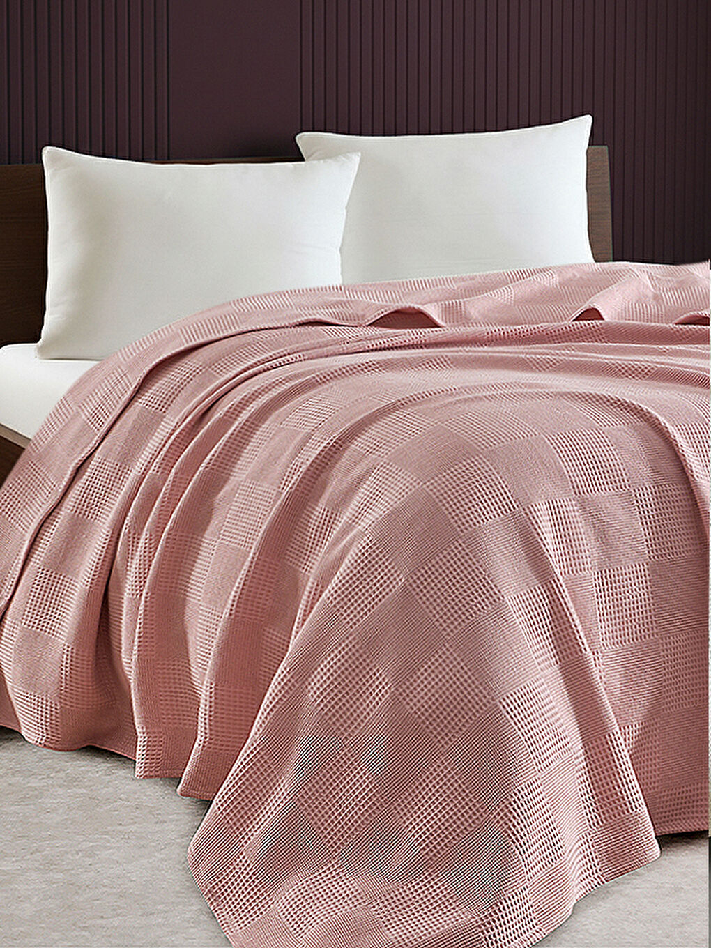 Pembe Çift Kişilik Karo Desenli Pike Örtü Pamuklu Pudra 200x230 cm (Weave Serisi)