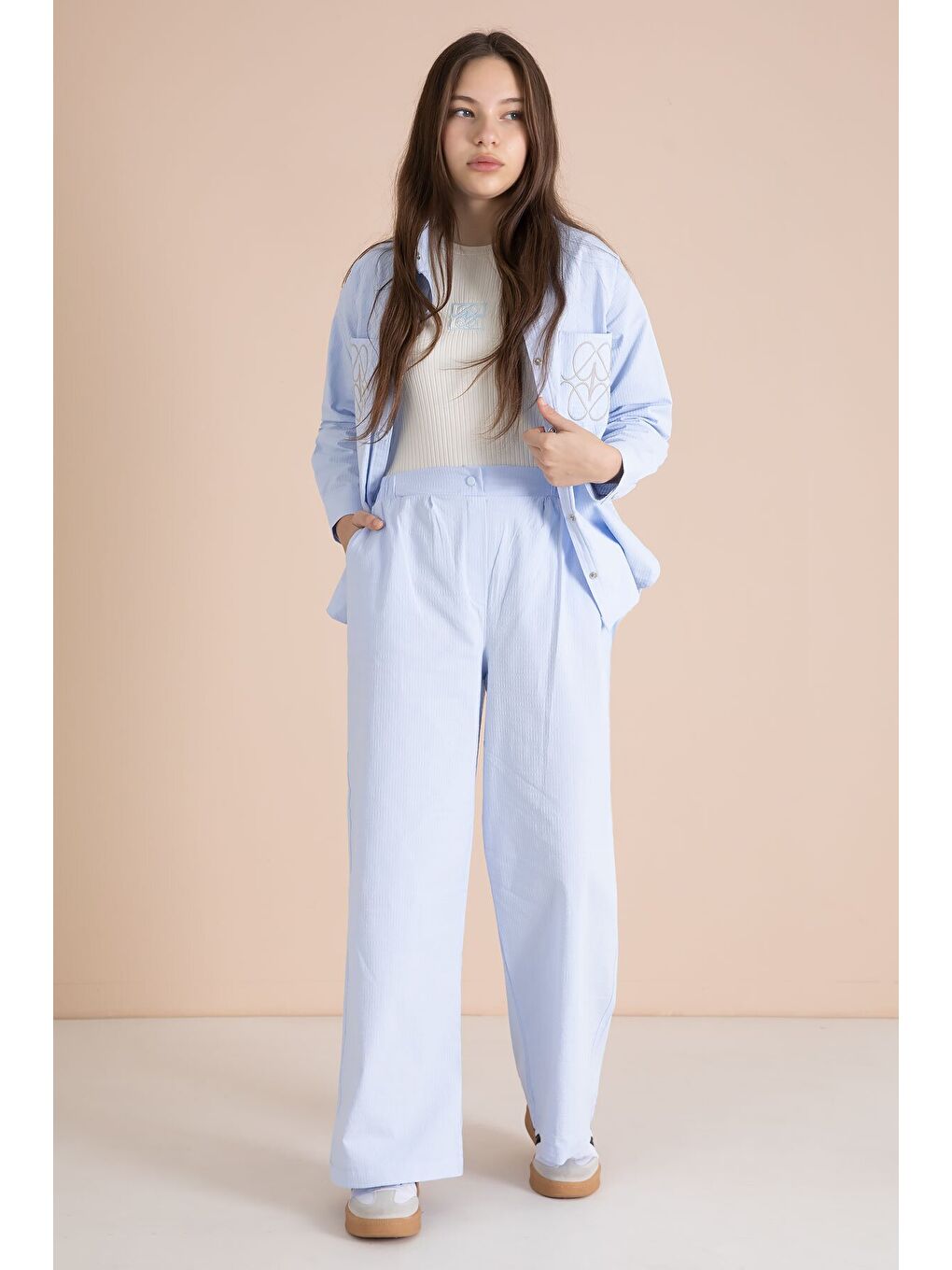 Mavi Nakışlı Gömlekli Badili Kız Çocuk 3lü Pantolonlu Takım 23561