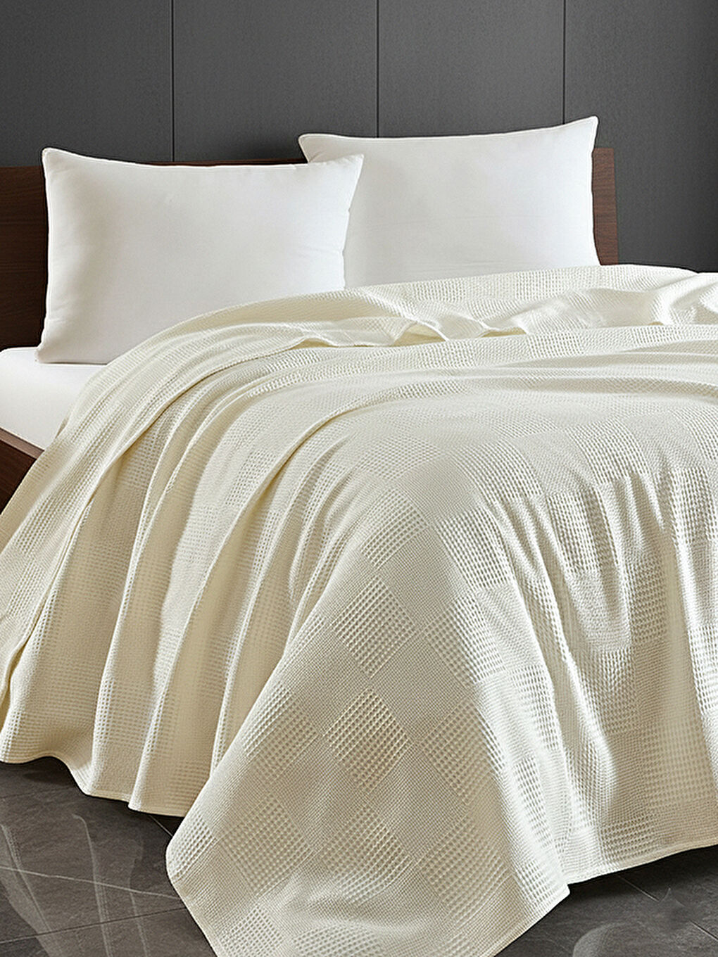 Ekru Çift Kişilik Karo Desenli Pike Örtü Pamuklu Krem 200x230 cm (Weave Serisi)