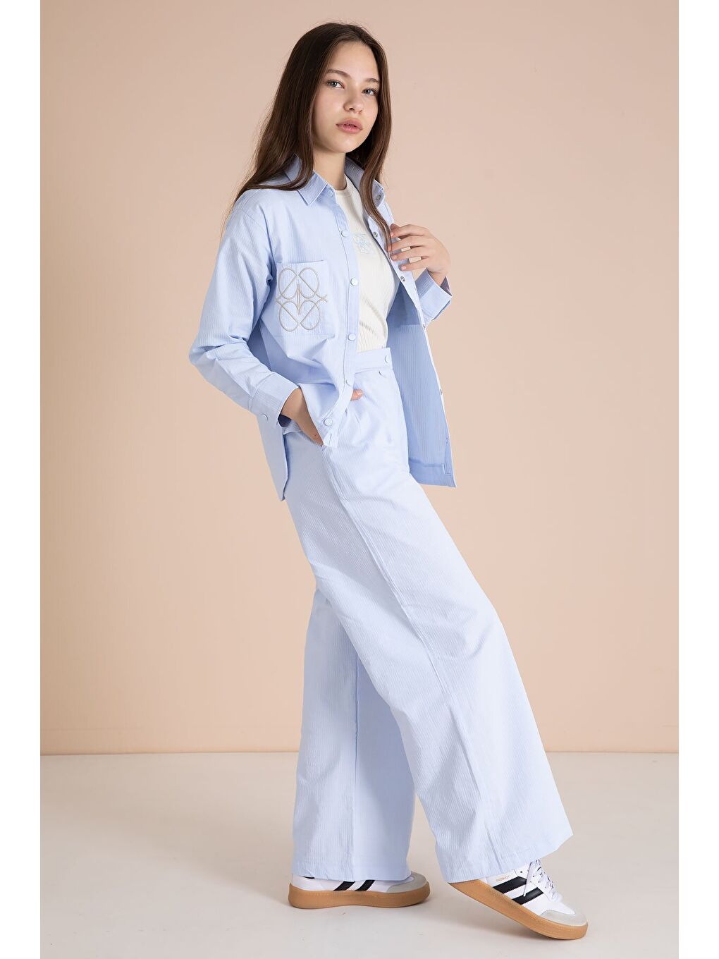 Mavi Nakışlı Gömlekli Badili Kız Çocuk 3lü Pantolonlu Takım 23561-2