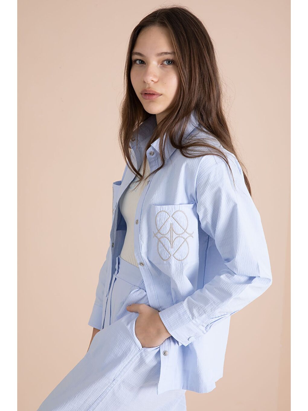 Mavi Nakışlı Gömlekli Badili Kız Çocuk 3lü Pantolonlu Takım 23561-3