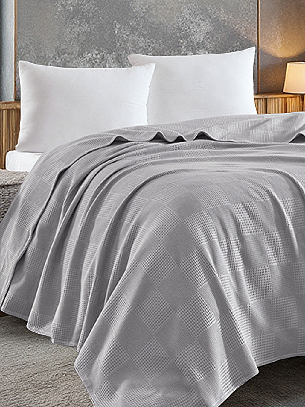 Çift Kişilik Karo Desenli Pike Örtü Pamuklu Gri 200x230 cm (Weave Serisi)