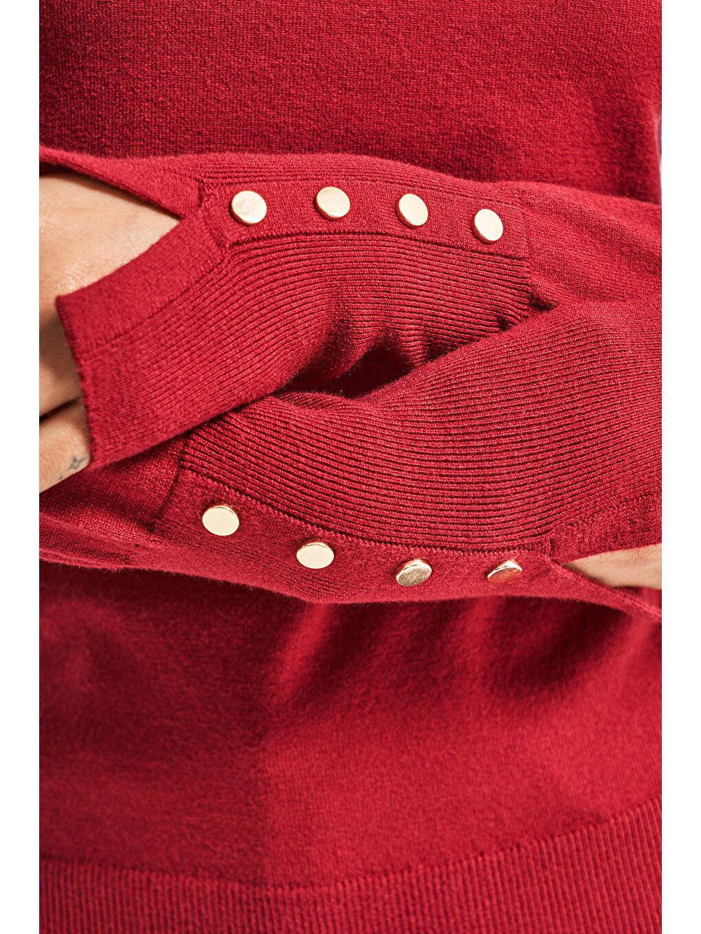 Kadın Bordo Renk w5-35 Örme Triko Kumaş Bisiklet Yaka Kol Aksesuarlı Triko-2