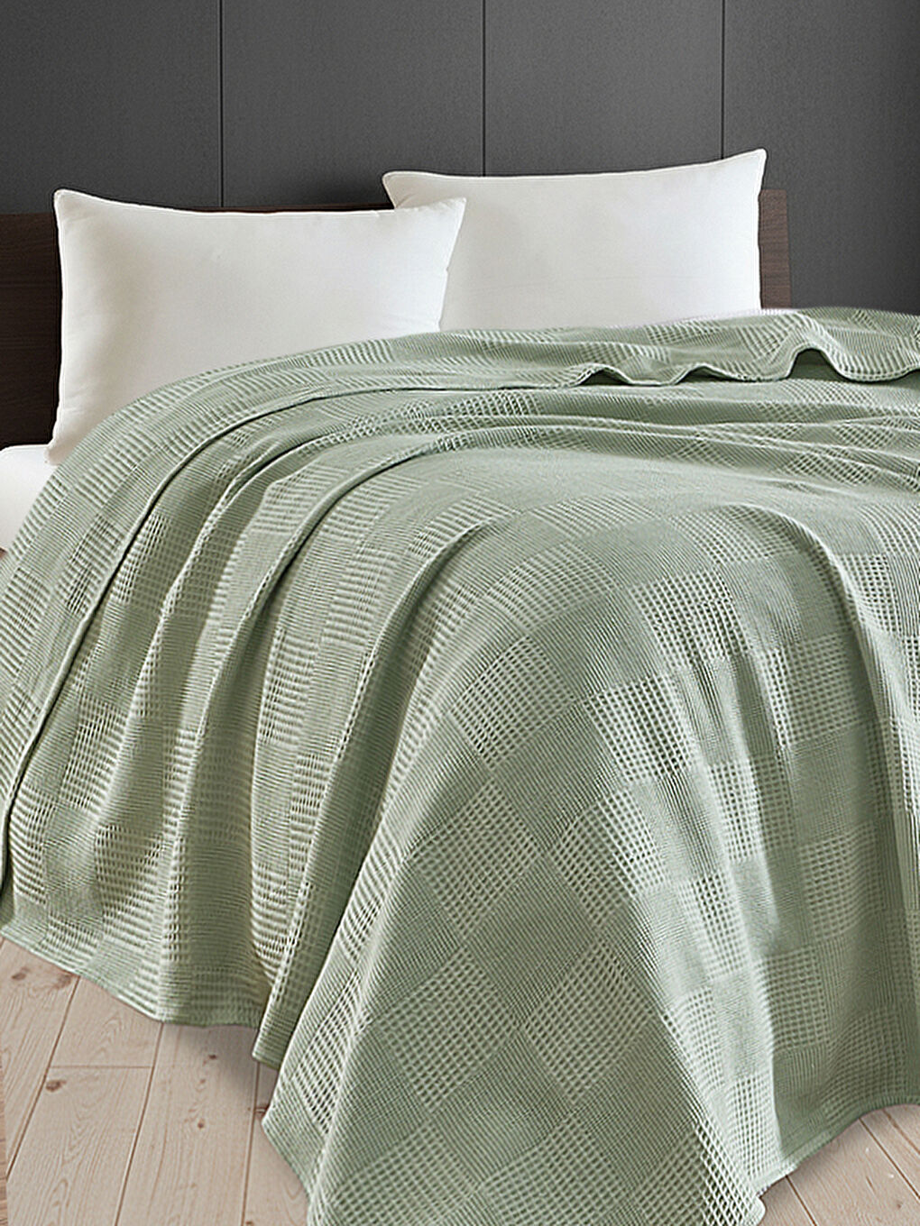 Çift Kişilik Karo Desenli Pike Örtü Pamuklu Çağla Yeşili 200x230 cm (Weave Serisi)