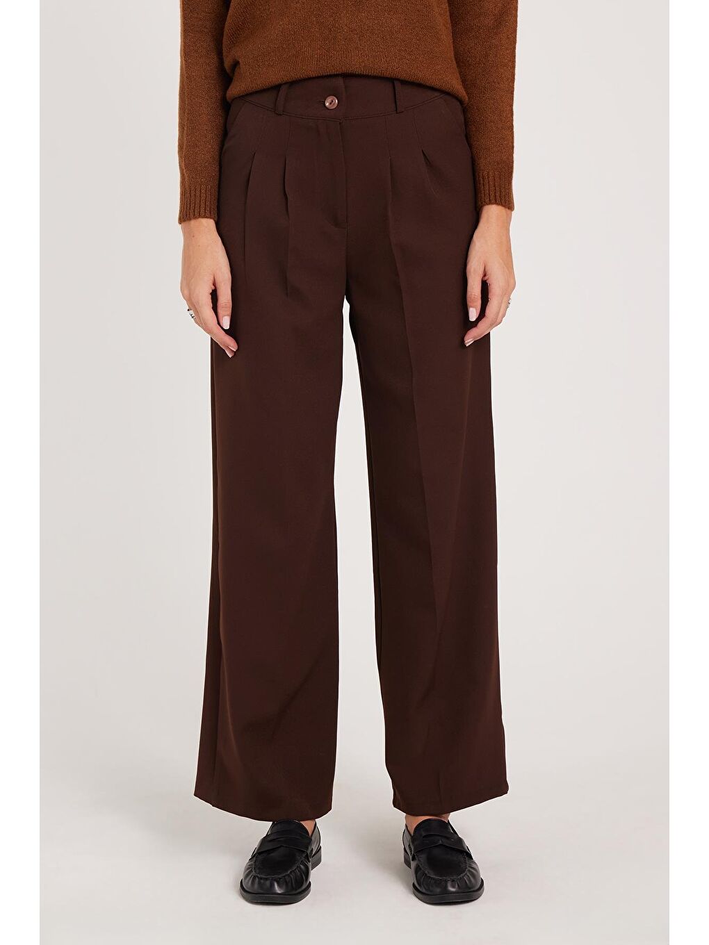 Kadın Regular Fit Klasik Kesim Yüksel Bel Geniş Paça Kahverengi Pantolon