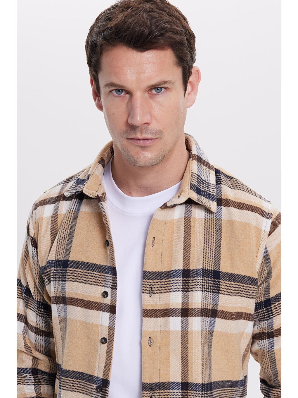 Bej Erkek Slim Fit Dar Kesim Kareli Kışlık Oduncu Gömlek-1