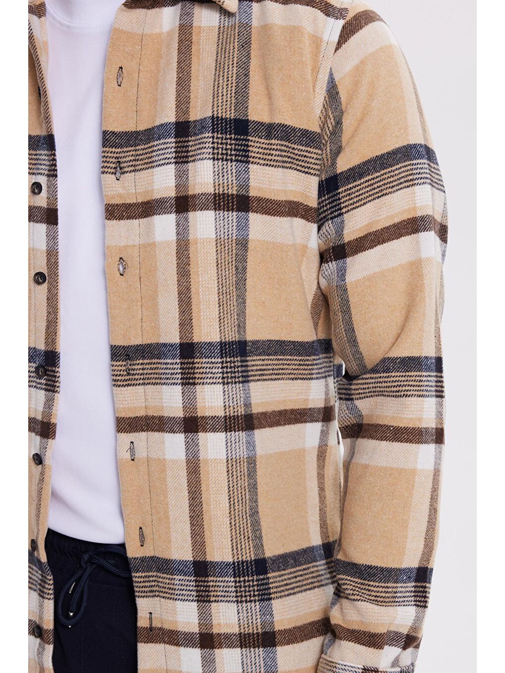 Bej Erkek Slim Fit Dar Kesim Kareli Kışlık Oduncu Gömlek-2