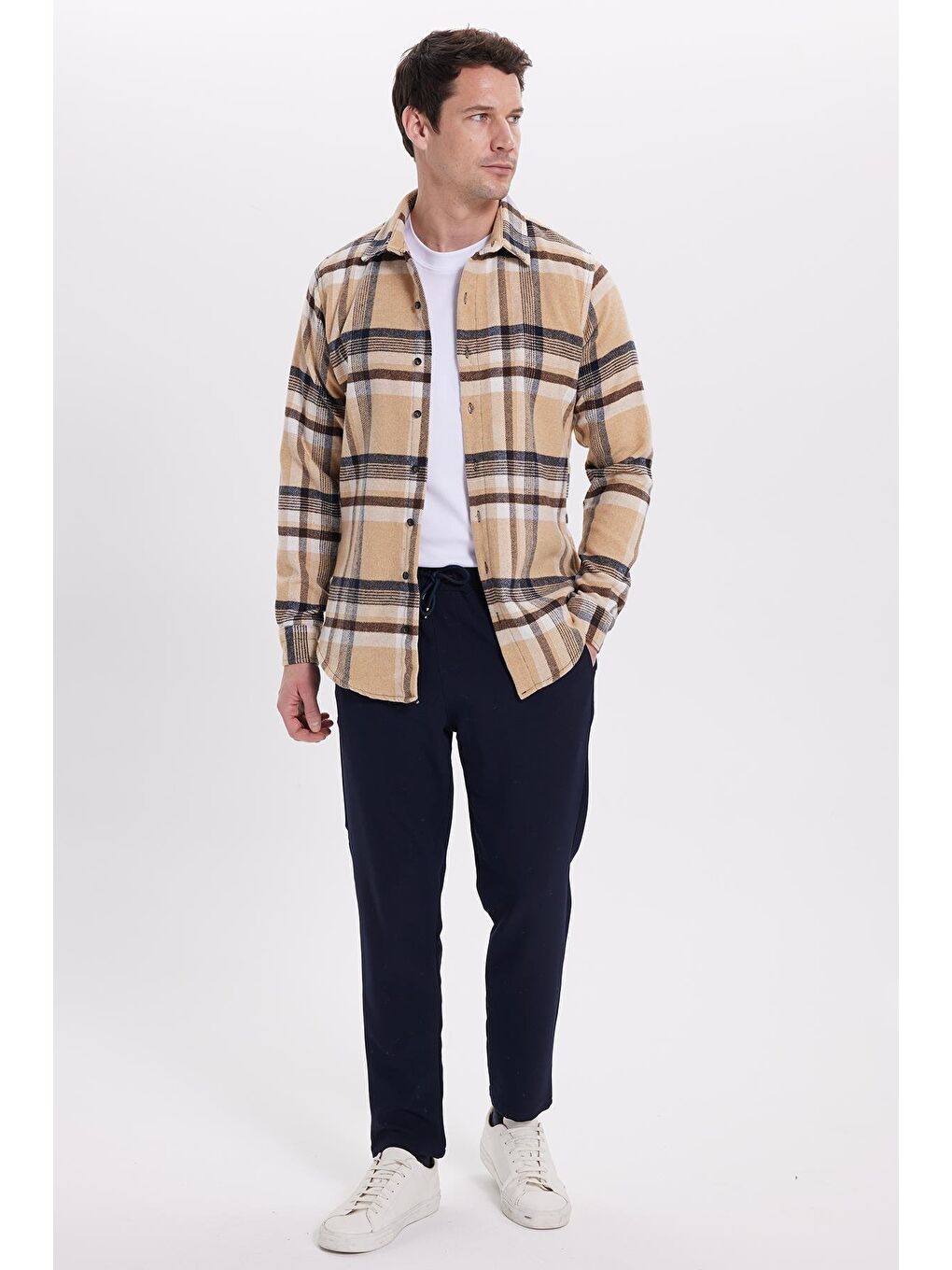 Bej Erkek Slim Fit Dar Kesim Kareli Kışlık Oduncu Gömlek-3