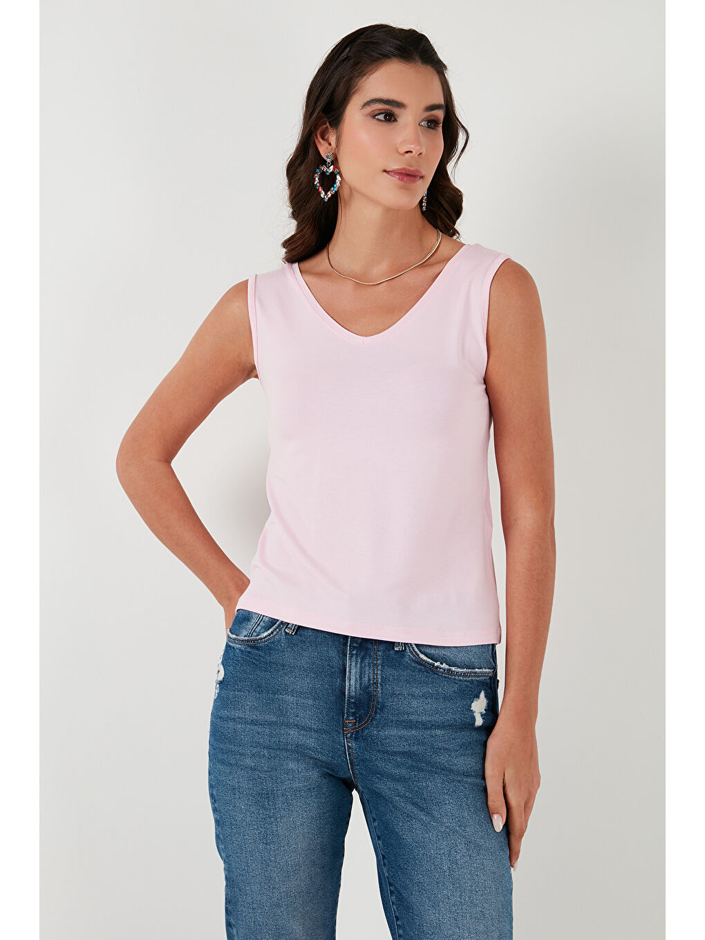 Pembe Slim Fit V Yaka Kalın Askılı 2' li Paket Kadın Bluz 5864384S2-1